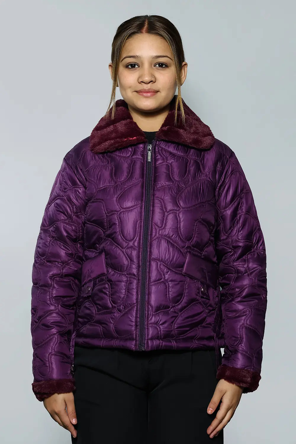 KPAAH Women's Bright Dark Violet Quilted Faux Fur Collar Jacket