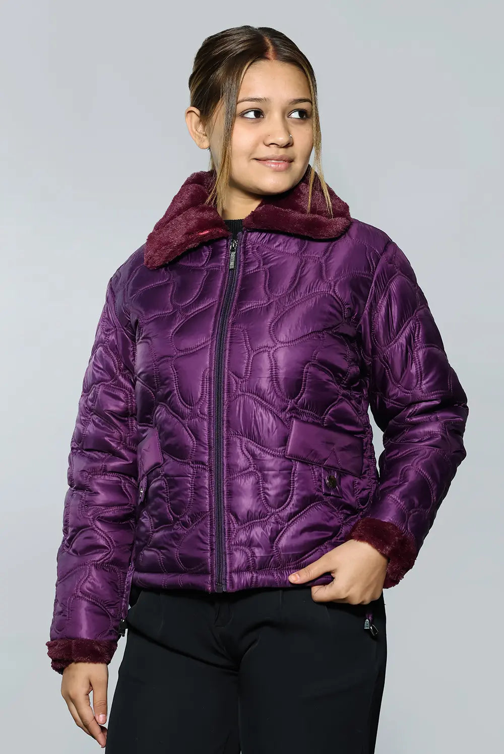 KPAAH Women's Bright Dark Violet Quilted Faux Fur Collar Jacket