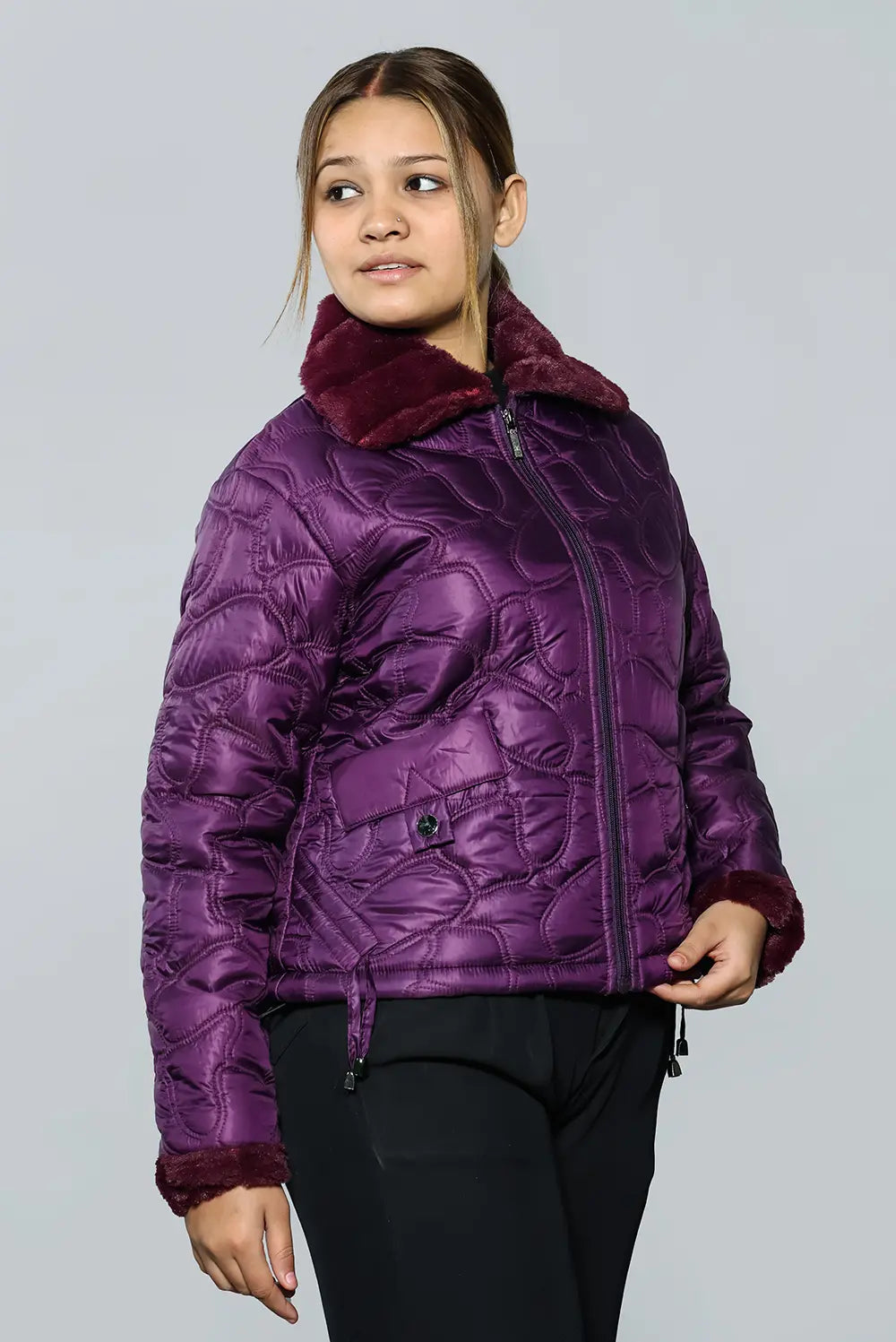 KPAAH Women's Bright Dark Violet Quilted Faux Fur Collar Jacket