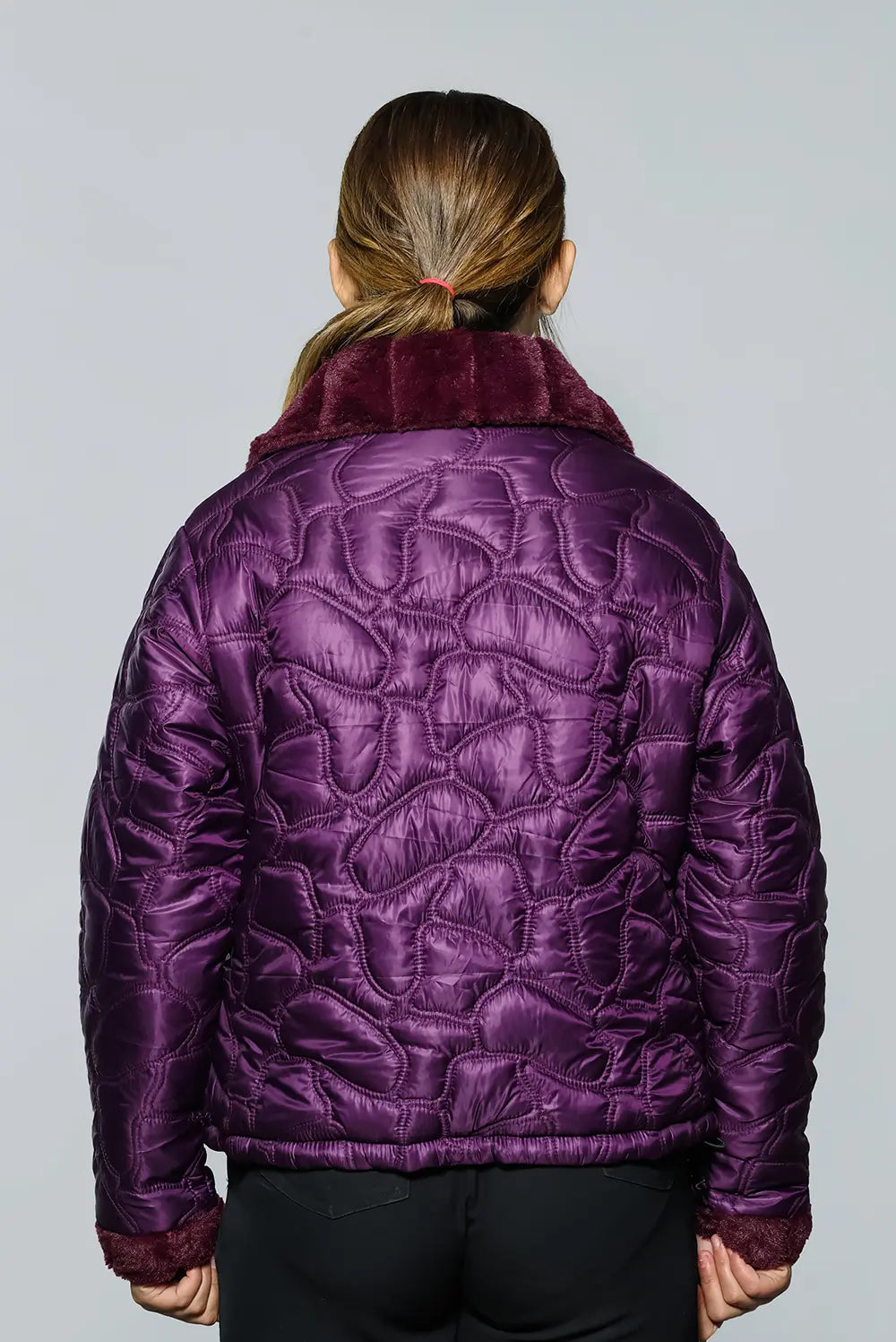 KPAAH Women's Bright Dark Violet Quilted Faux Fur Collar Jacket